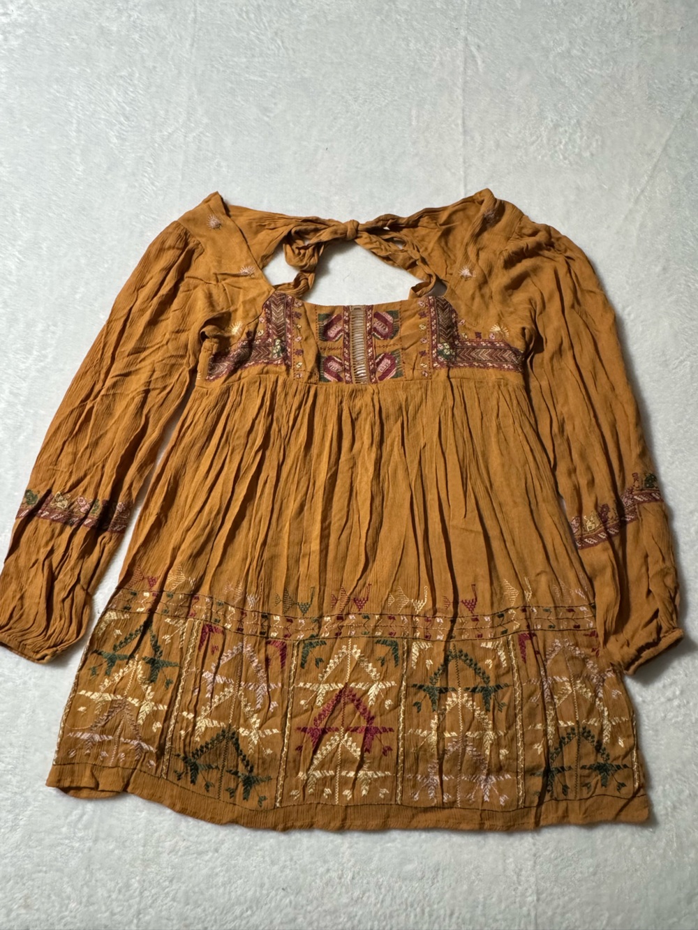 Boho Free People Embroidered Peasant Top - Mustard Brown NWT